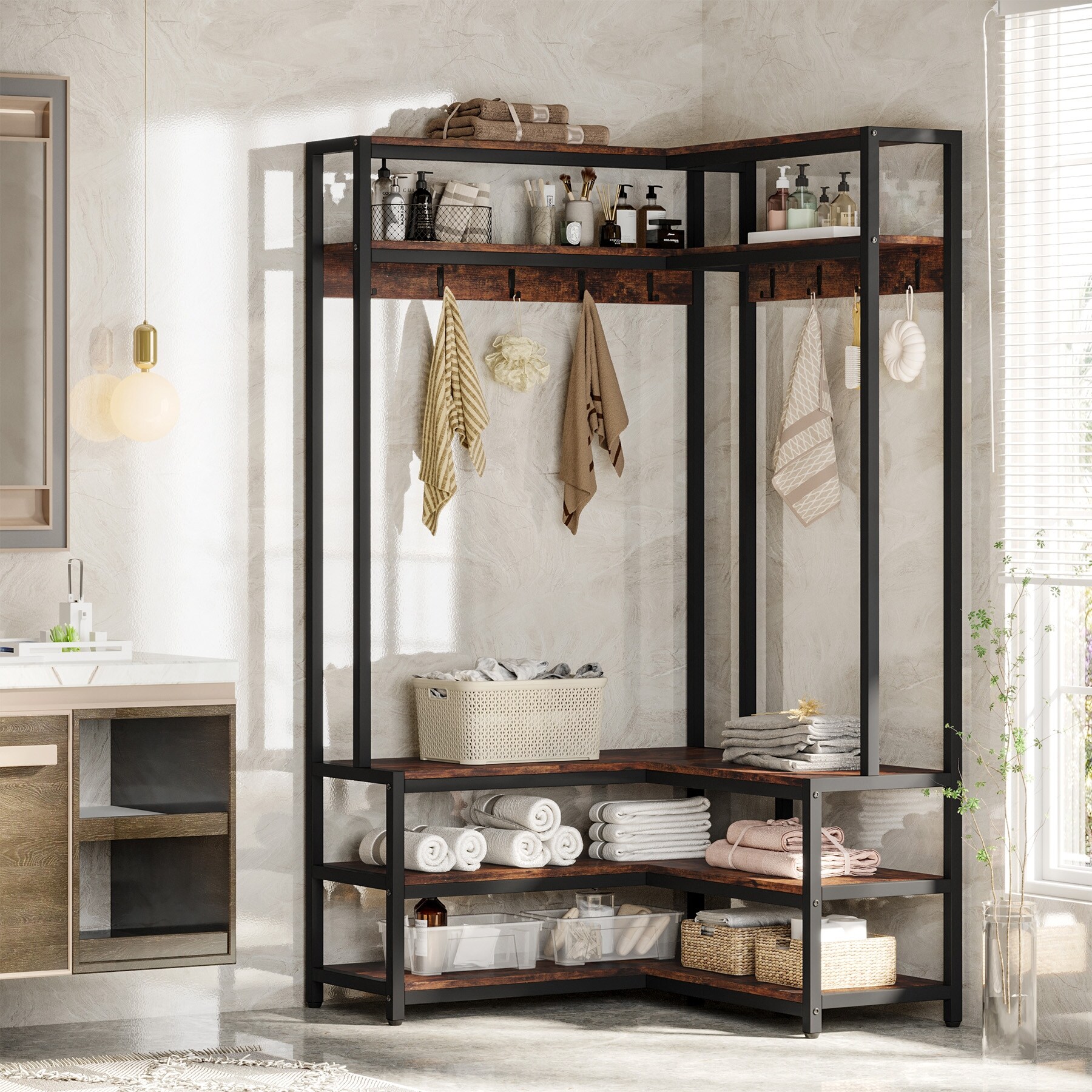 Entryway Coat Rack with Shoes Storage Bench, Freestanding Corner