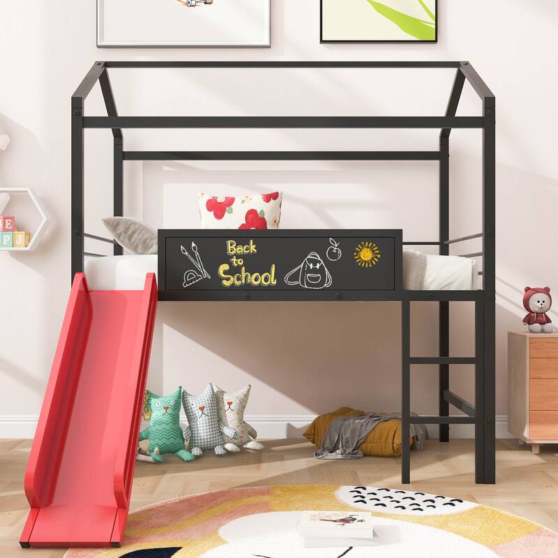 Twin Size Metal Loft Bed with Slide and Writable Wooden Board