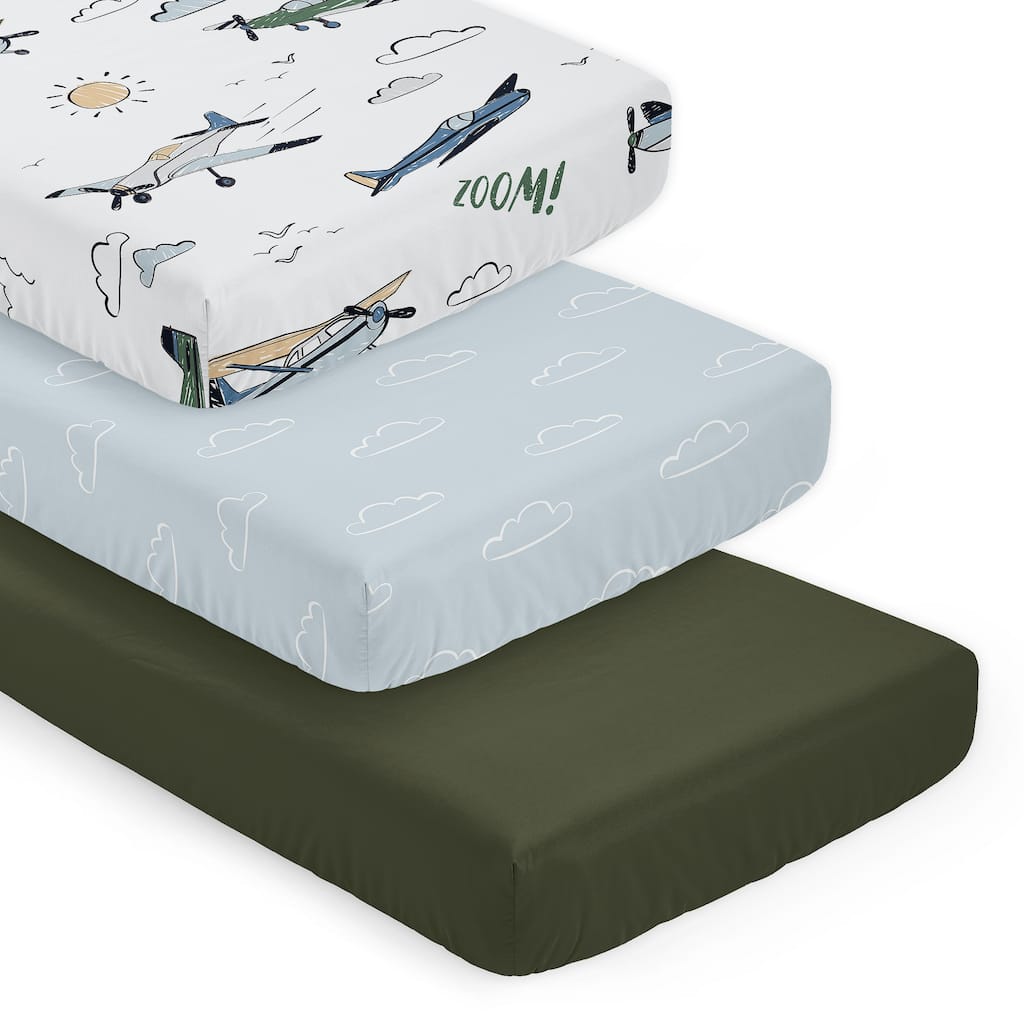 Sweet Jojo Designs Vintage Airplane Boy 3 Pack Fitted Crib Sheets - Slate Blue Clouds, Solid Green and Airplanes Transportation