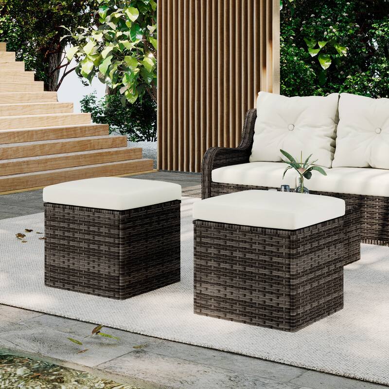 Outdoor Patio PE Wicker Ottoman with Cushion Set of 2 - Beige/Brown rattan