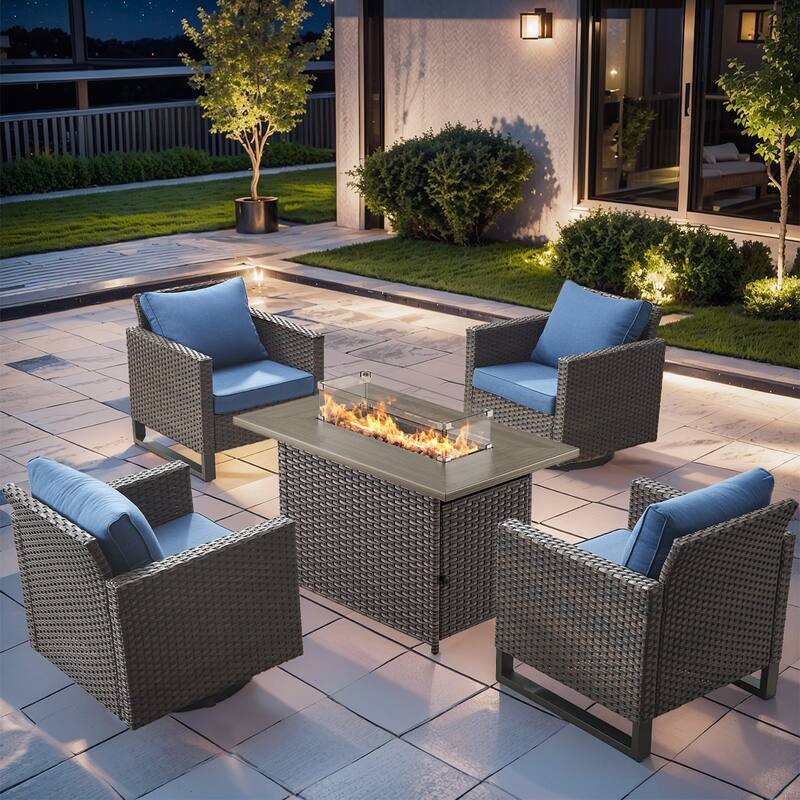 5 Pieces Swivel Chair Club Chair with Fire Pit Table - Blue - Brown