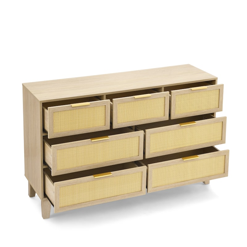 Modern Rattan Dressing Wooden Storage Cabinet with 7 Spacious Drawers, for Bedroom, Living Room and Hallway