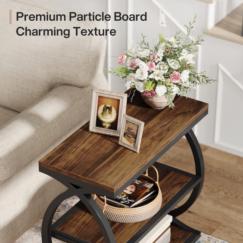 Narrow End Table with 3 Storage Shelves, Small Side Table for Living Room, Small Spaces, Rustic Brown