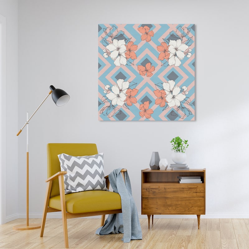 Wynwood Studio Canvas Floral and Botanical Chevron Flowers Blue and Light Blue Wall Art Canvas Print - 30 x 30