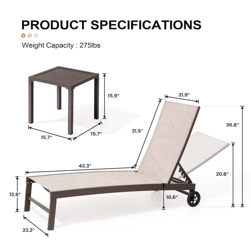 Outdoor Wheel Adjustable Chaise Lounge Chairs 5 Reclinig Position Aluminum Sun Lounger