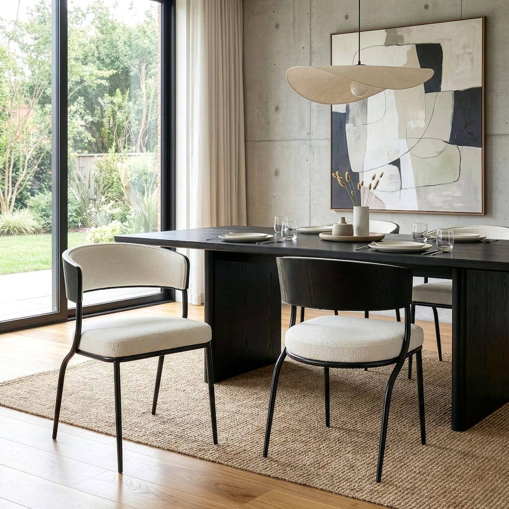 Set of 2 Bayle White Boucle Fabric Dining Chair and Black Iron Legs