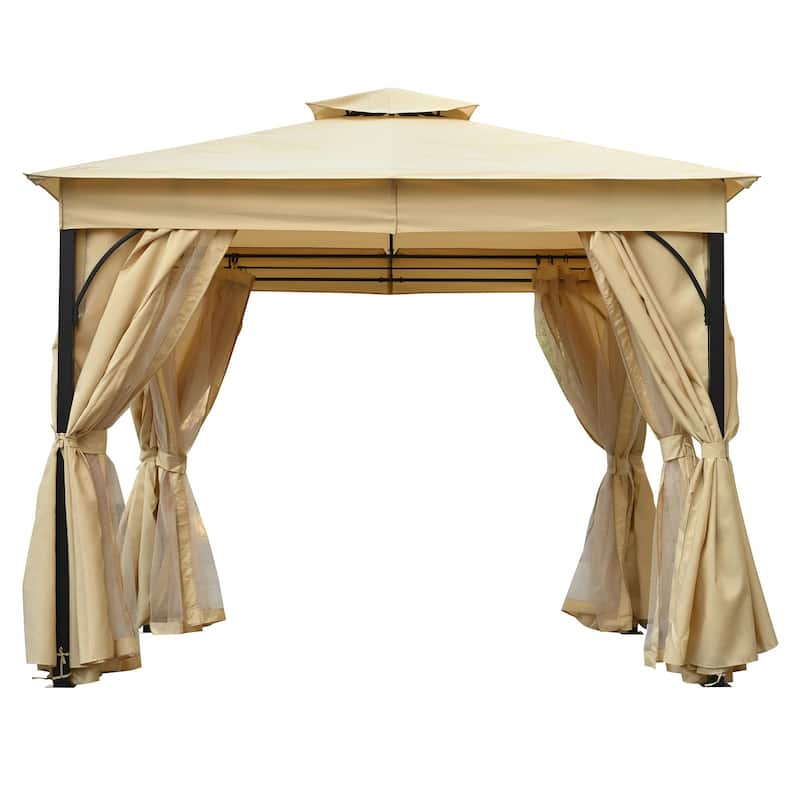 Outdoor Gazebo Tent with Double Roof, Mosquito Netting & Privacy Screens
