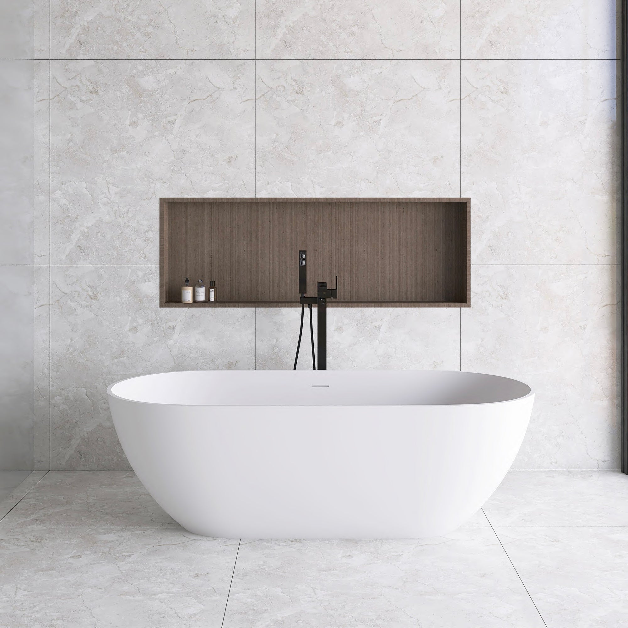 60"/69" Solid Surface Freestanding Bathtub in Matte White with Drain