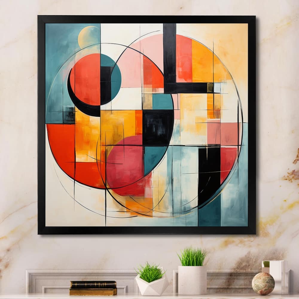 Designart "Blue Orange Mid Century Geometric Abstractions I" Mid-century Framed Canvas Wall Art