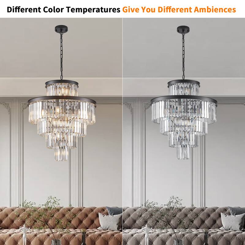 24" Luxury Crystal Chandelier with Black Finish - Elegant 15-Light 5 Tier Pendant Light Fixture for Living Room, Dining Room