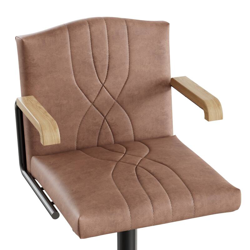 Javlergo 2-Piece & 4-Piece Adjustable Height Bar Chairs Brown PU Leather with Wave Pattern Armrests Black Base with Arc Footrest