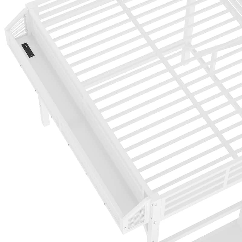 Full Loft Bed with Storage Stairs, Shelves and Built-in Wardrobe, Metal Loft Bed Frame with USB Ports and LED Lights, White