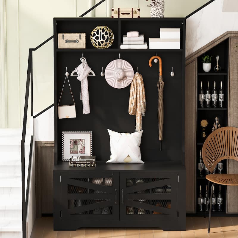 3-in-1 Design Hall Tree with 7 Hooks and Bench - Black