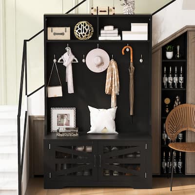 43.3" Entryway Bench with Coat Rack, 3-in-1 Design and Adjustable Shelves