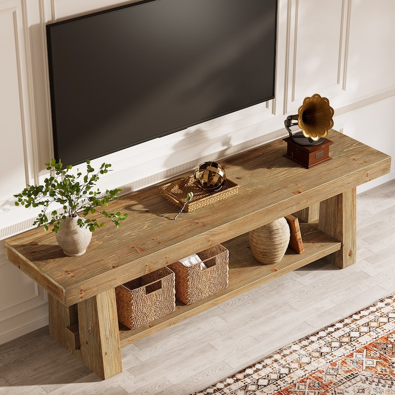 2-Tier Solid Wood TV Stand with Storage Shelves, Entertainment Center Television Console for 75-Inch TVs Living Room Bedroom