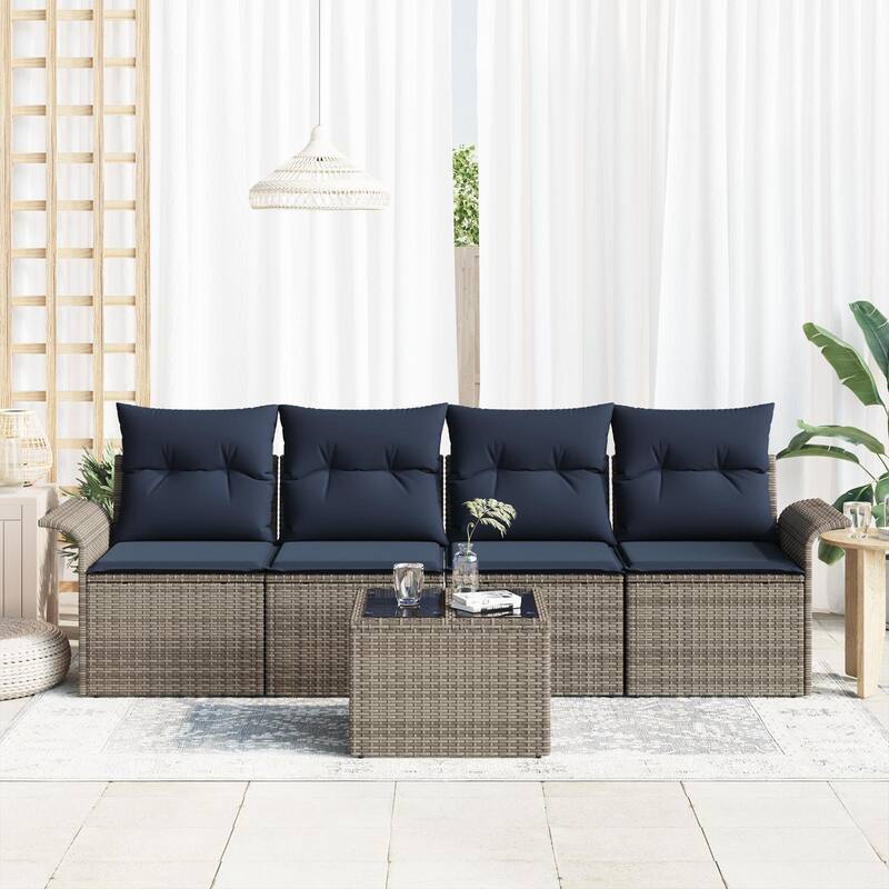 vidaXL 5-Seater Garden Sofa with Cushions Black/Brown/Grey Poly Rattan - 24.4 x 98.8 x 27.2