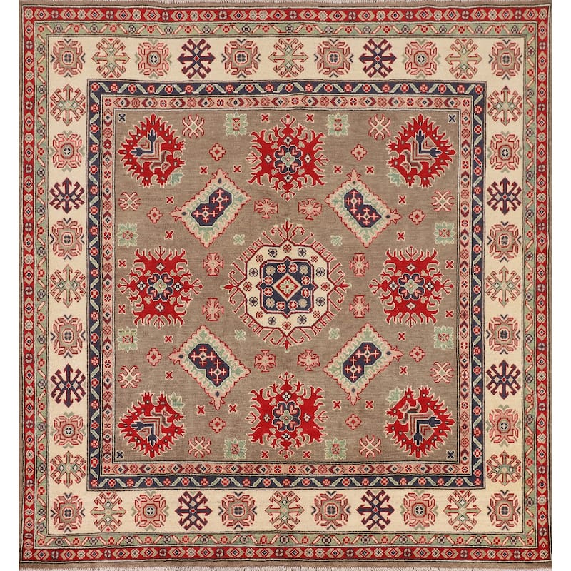 Geometric Kazak Oriental Square Area Rug Hand-Knotted Wool Carpet - 6'8" x 6'6"