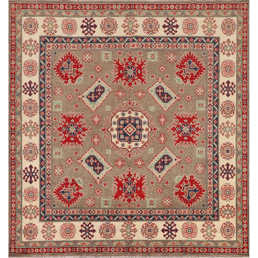 Geometric Kazak Oriental Square Area Rug Hand-Knotted Wool Carpet - 6'8" x 6'6"