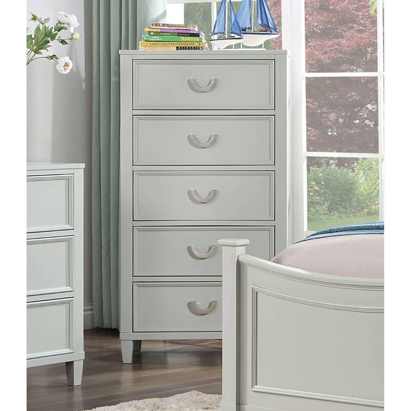 Transitional Gray 5-Drawer Chest with Dovetail Drawers & Chrome Pulls