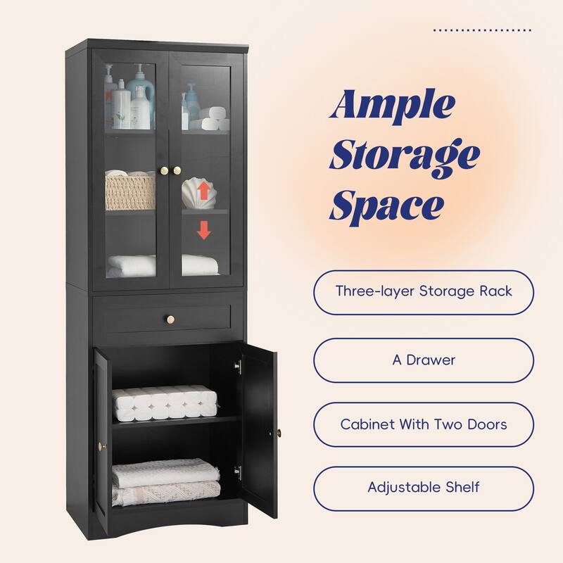Bathroom Storage Cabinet with Glass Doors and Adjustable Shelves, Tall Pantry Cabinet with Drawer and Enclosed Storage