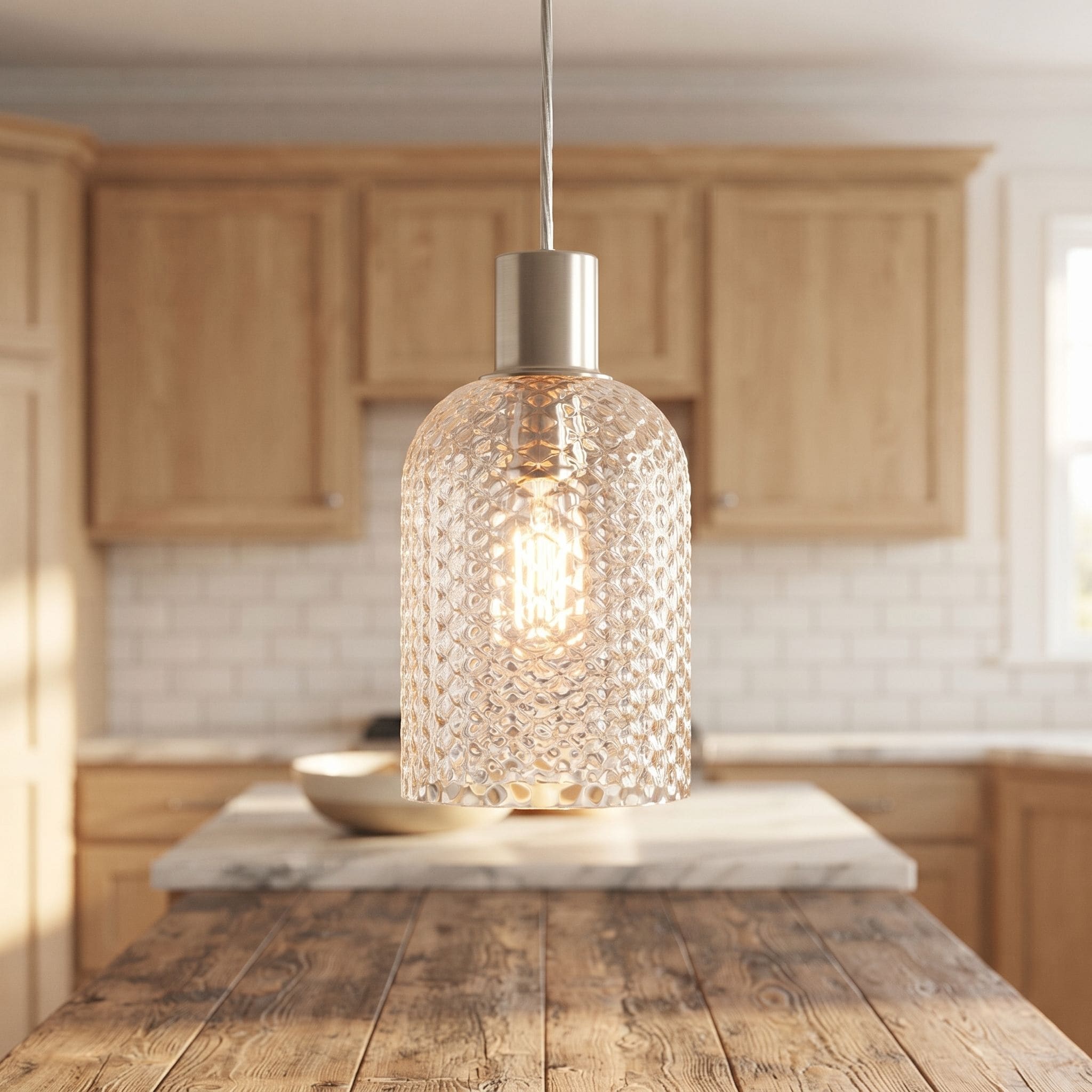 1/3-Light Modern Nickel/Black/Brass Finish Adjustable Island Pendant Light with Clear/Blue/Amber Bell Textured Glass