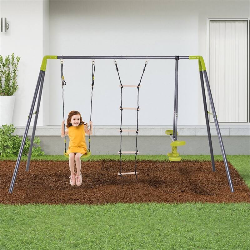 Grey-Green Metal A-Frame Outdoor Swing Set with Glider and Rope Ladder - 84.75"/116.25" L x 54.25" W x 69" H