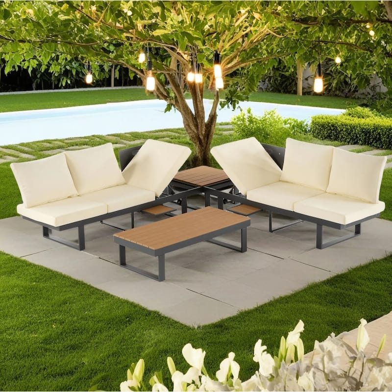 Outdoor Modular Sectional Sofa Set with Coffee Table, Side Table, and Adjustable Reclining Seats - Beige