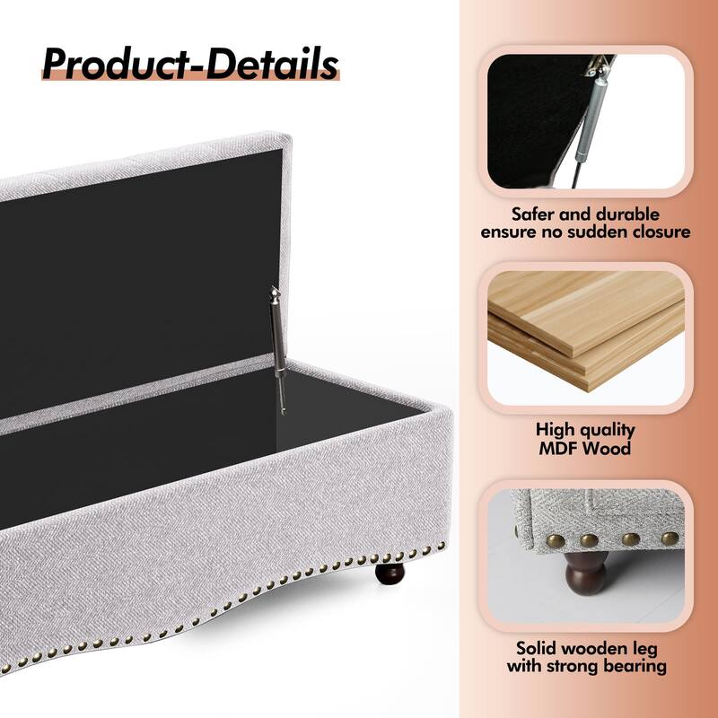 48.5" Tufted Storage Ottoman Bench with Nailhead Trims & 2 Large Side Pockets for Bedroom, Living Room, Entryway