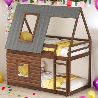 Wood Twin Size House Bunk Bed with Roof, Ladder and Slide, No Box Spring Required, Easy Assembly, Oak&Smoky Grey