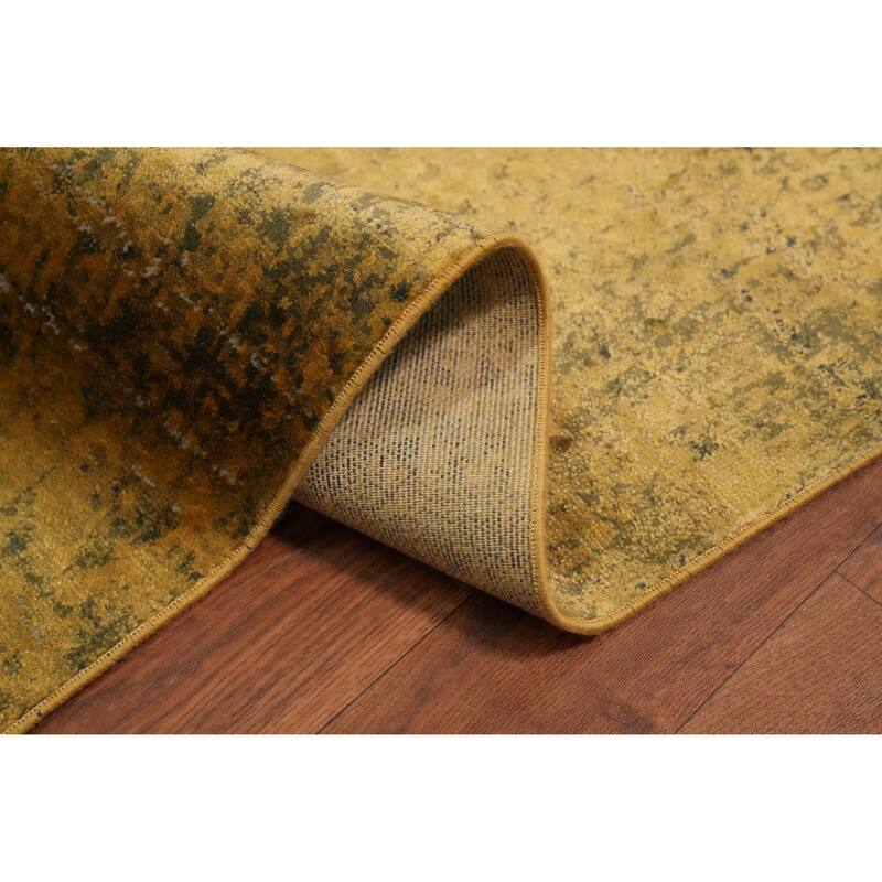 Machine Made Oriental Polyester Carpet Geometric Yellow & Gold Distressed Area Rug - 7' 5'' X 5' 2''