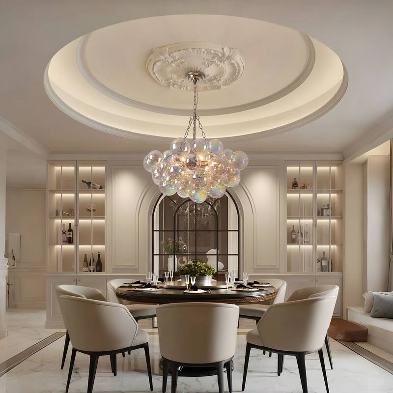 Starsky 6-Light lridescent Bubble Glass Globe chandelier, Hand-Blown Colorful cluster Light, Adjustable Height, Gold or Nickel