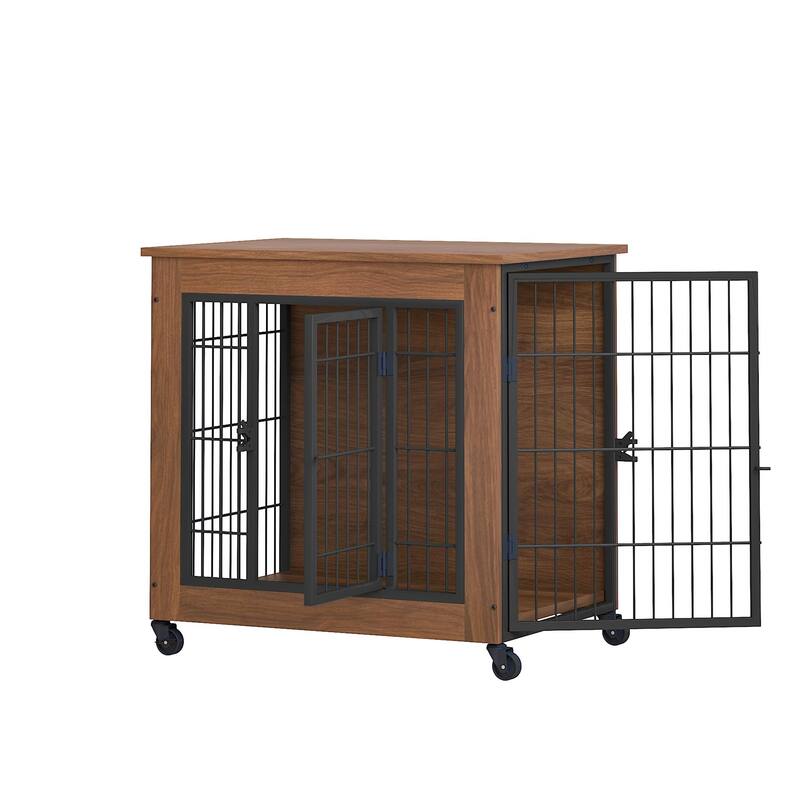27.2" Dog Crate Furniture with Wheels for Small Dogs, Heavy Duty Dog Kennel Indoor with 2 Doors, Double-Doors Sturdy Dog Cage