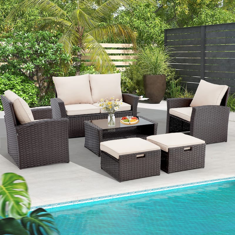 6-Piece Outdoor Sectional Sofa Set, PE Wicker Patio Furniture with Storage Coffee Table & Ottoman, Cushions, for Garden