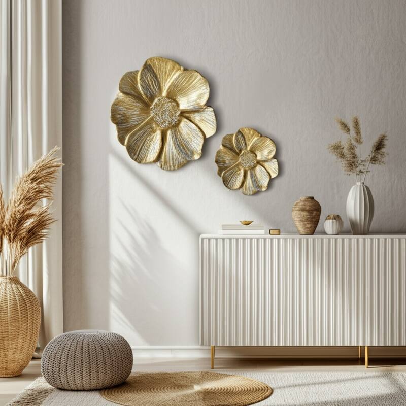 Metal Aluminum Wall Sculptures Floral Design (Set of 2) - 2" Gold - 15.5" x 15.5" x 2"