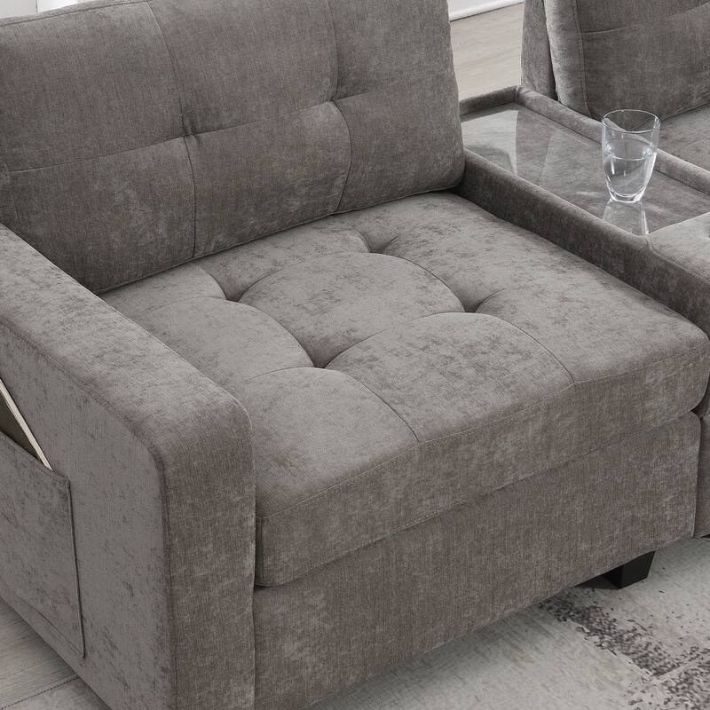 104" Chenille U-Shaped Sectional Sofa with USB & 2 Acrylic Side Tables