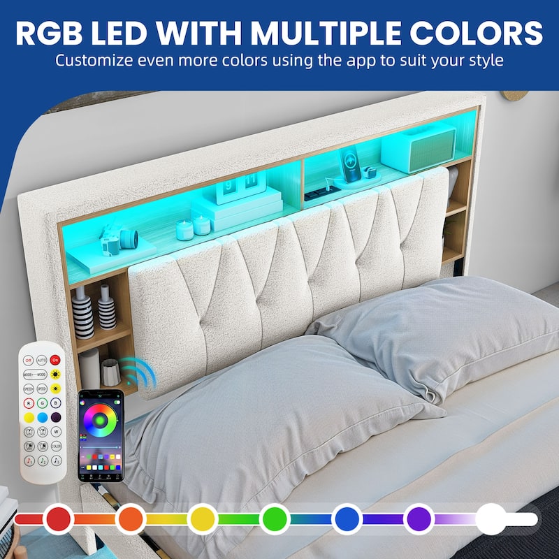 Moasis Queen Lambswool Upholstered Platform Floating Bed Frame with RGB LED Lights and , Bookcase Headboard & Charging Station