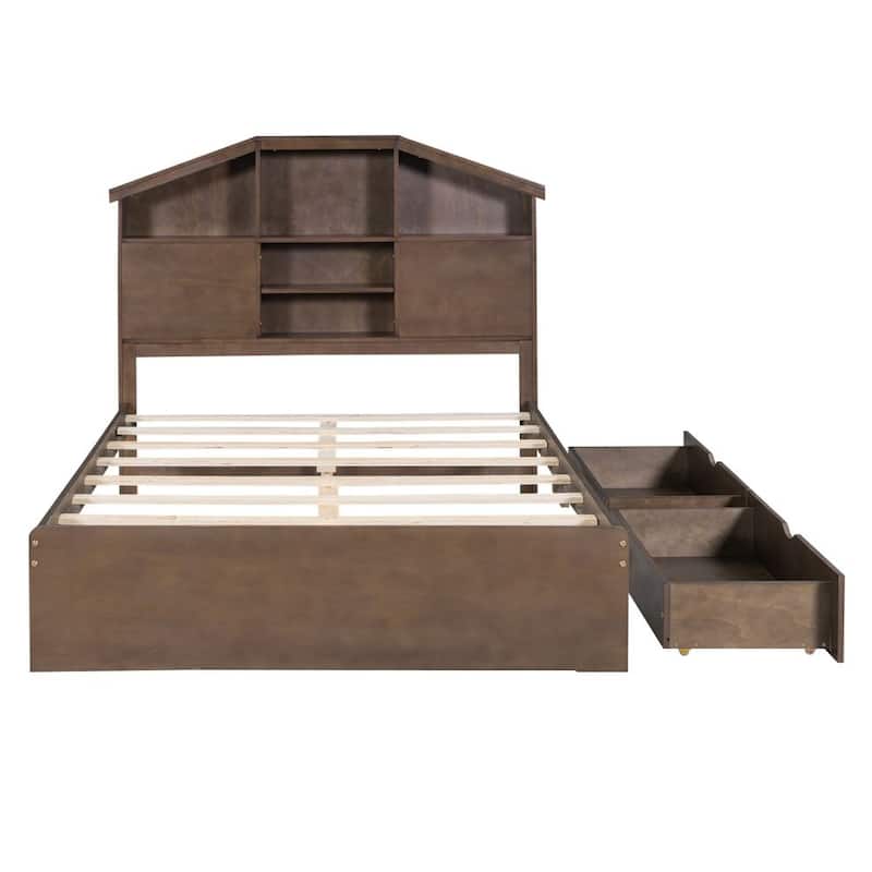 Full Size Wood Platform Bed with House-shaped Storage Headboard and 2 Drawers