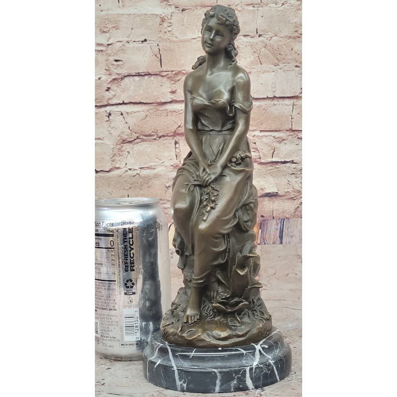 Hyppolyte Moreau Bronze Maiden Sitting On Floral Base Sculpture With Marble Pedestal