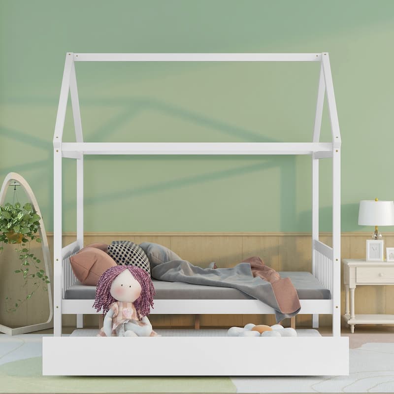 Full Size Wood House Bed with Trundle, Roof, and Fence