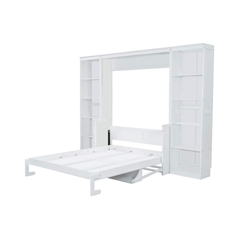 Queen Size Solid Wood Murphy Bed with Convertible Desk, Bookshelves and 600lb Capacity
