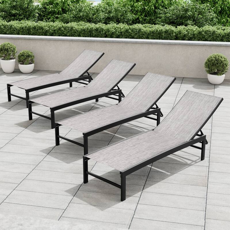Crestlive Outdoor Pool Side Adjustable Aluminum Chaise Lounge Chairs Set of 4 - See Picture - Earth Fabric, Dark Grey Frame