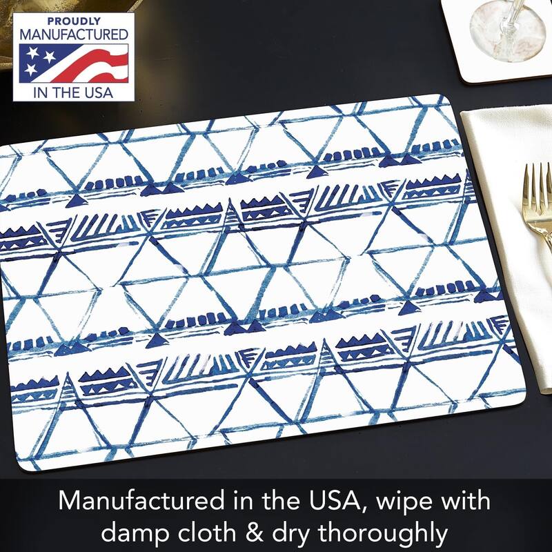 Indigo Triangles Decorative Hardboard Placemats with Protective Cork Backing 4 Pack Heat Tolerant and Easily Wipes Clean