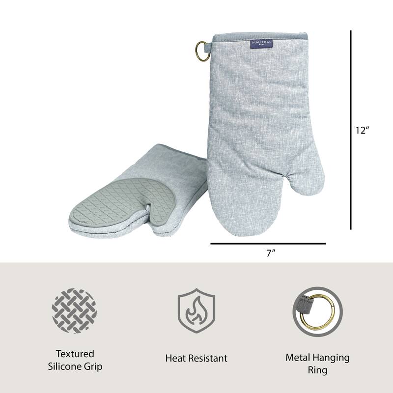 Nautica Home Grey 100 Cotton Oven Mitts With Silicone Palm (Set of 2