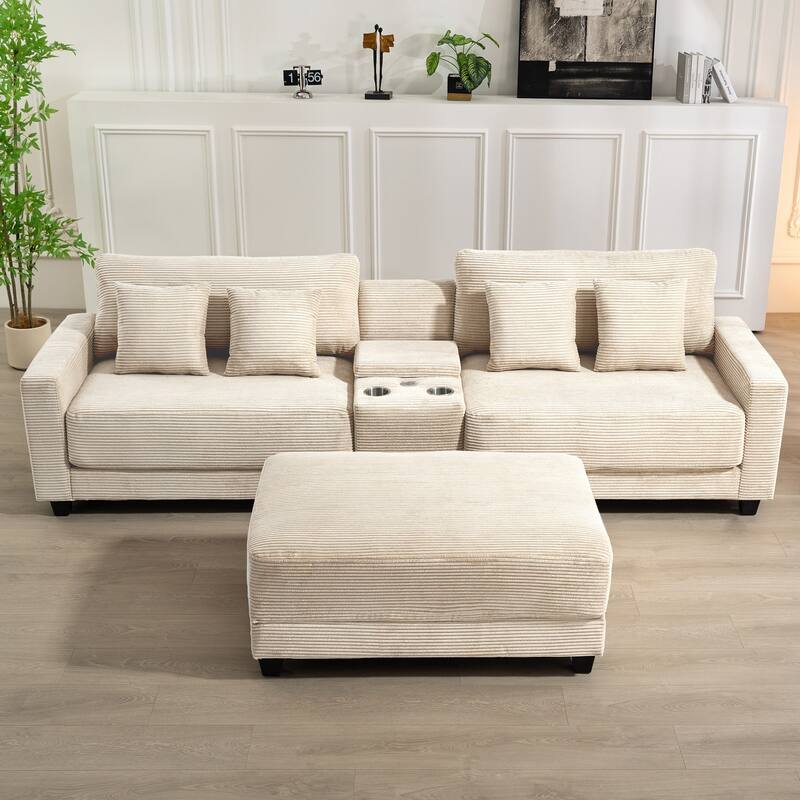 Oversized Corduroy Upholstered Sofa with a Removable Ottoman & 4 Pillows