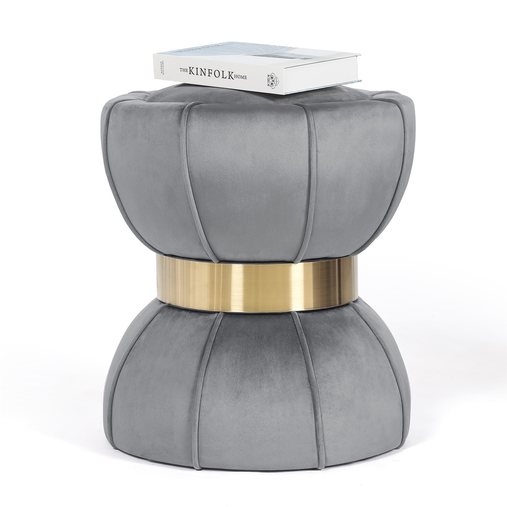 Adeco Modern Velvet Round Ottoman With Gold Metal Band