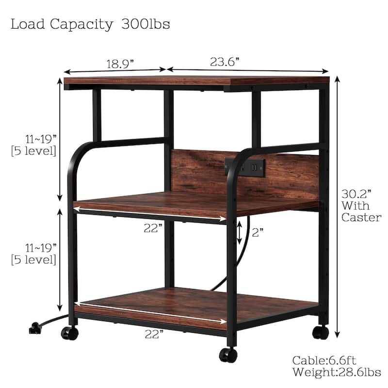 Javlergo 3-Tier Rolling Printer Stand with Locking Wheels Charging Station & AC/USB Outlets Mobile Office Storage Cart