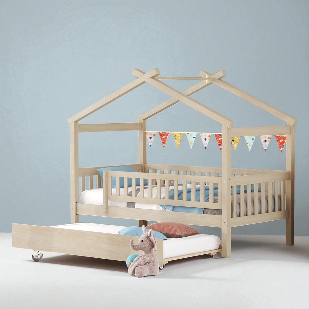 Twin Size Wooden House Bed with Trundle, Roof Design Platform Frame with Headboard for Kids, No Box Spring Needed