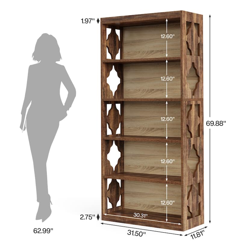 6-Tier Rustic Bookshelf, 70-Inch Wooden 5 Shelf Bookcase - 11.81"D x 31.5"W x 70.47"H