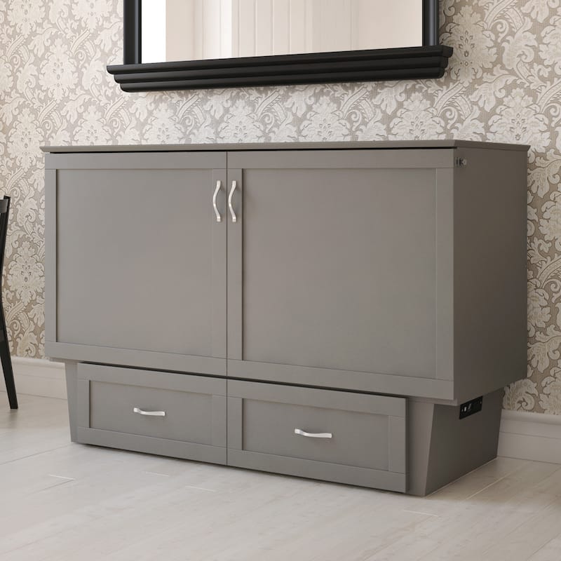 Monroe Queen Murphy Bed Chest with 6" Mattress, Storage Drawer & Built-In Charger in Grey