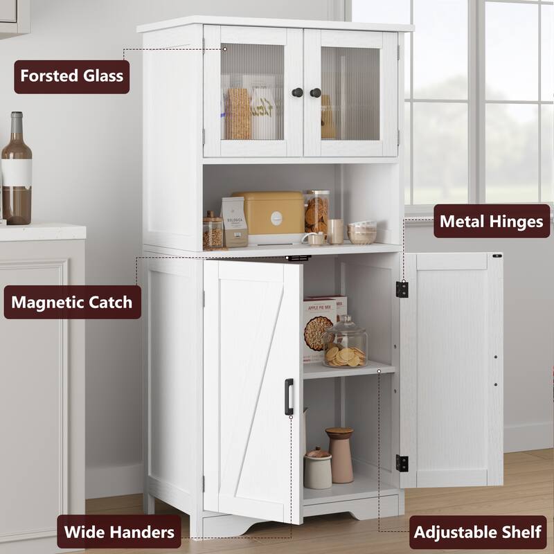Kitchen Pantry Storage Cabinet with Glass Doors & Adjustable Shelves